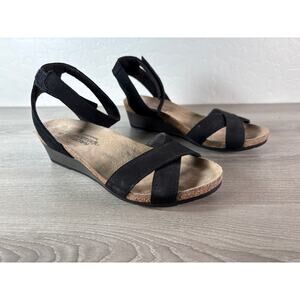 NAOT Wand Black Leather Suede Women's Wedge Sandal Size 38 US 7- EUC